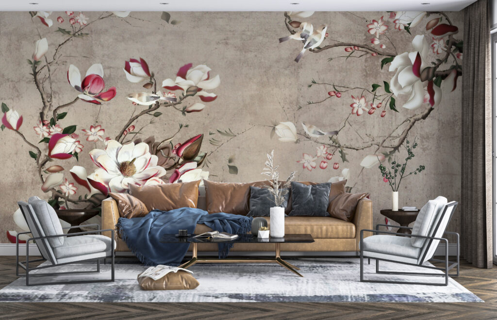 Magnolia Branch Wallpaper : Pink and White Blossom on Taupe Mural - View 2