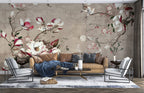 Magnolia Branch Wallpaper : Pink and White Blossom on Taupe Mural - View 2