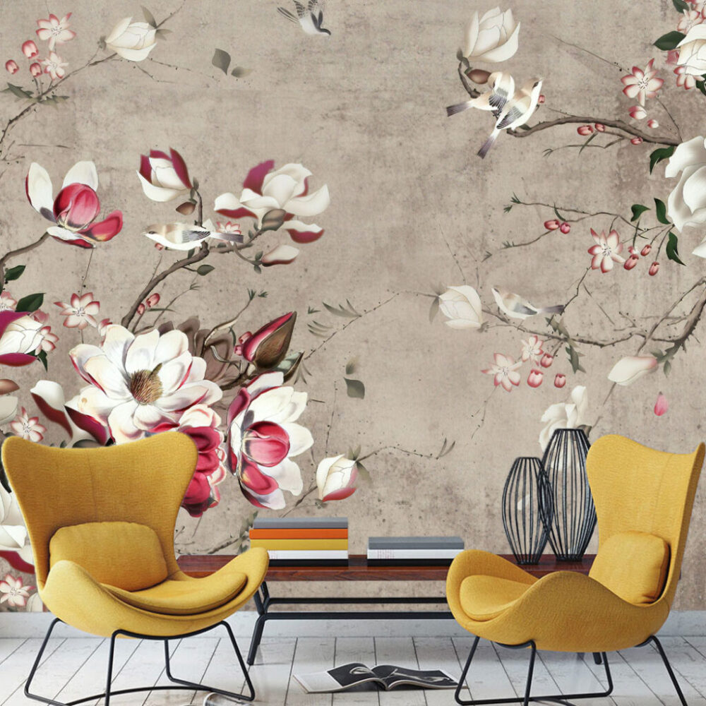 Magnolia Branch Wallpaper : Pink and White Blossom on Taupe Mural - View 5