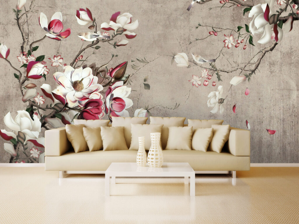 Magnolia Branch Wallpaper : Pink and White Blossom on Taupe Mural - View 4