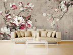 Magnolia Branch Wallpaper : Pink and White Blossom on Taupe Mural - View 4