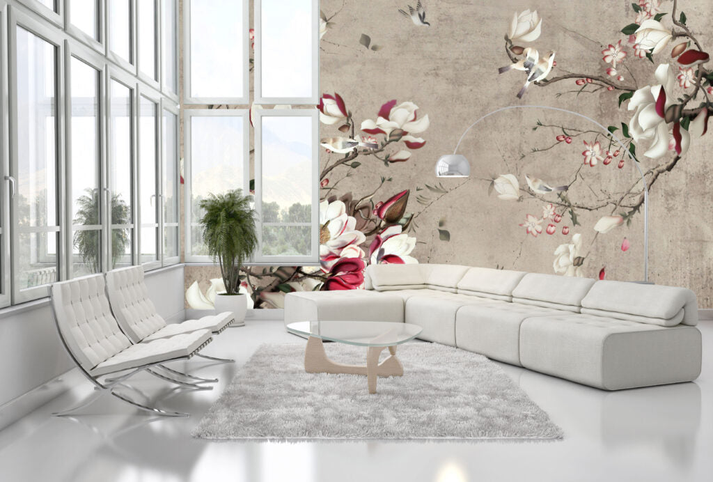 Magnolia Branch Wallpaper : Pink and White Blossom on Taupe Mural - View 3