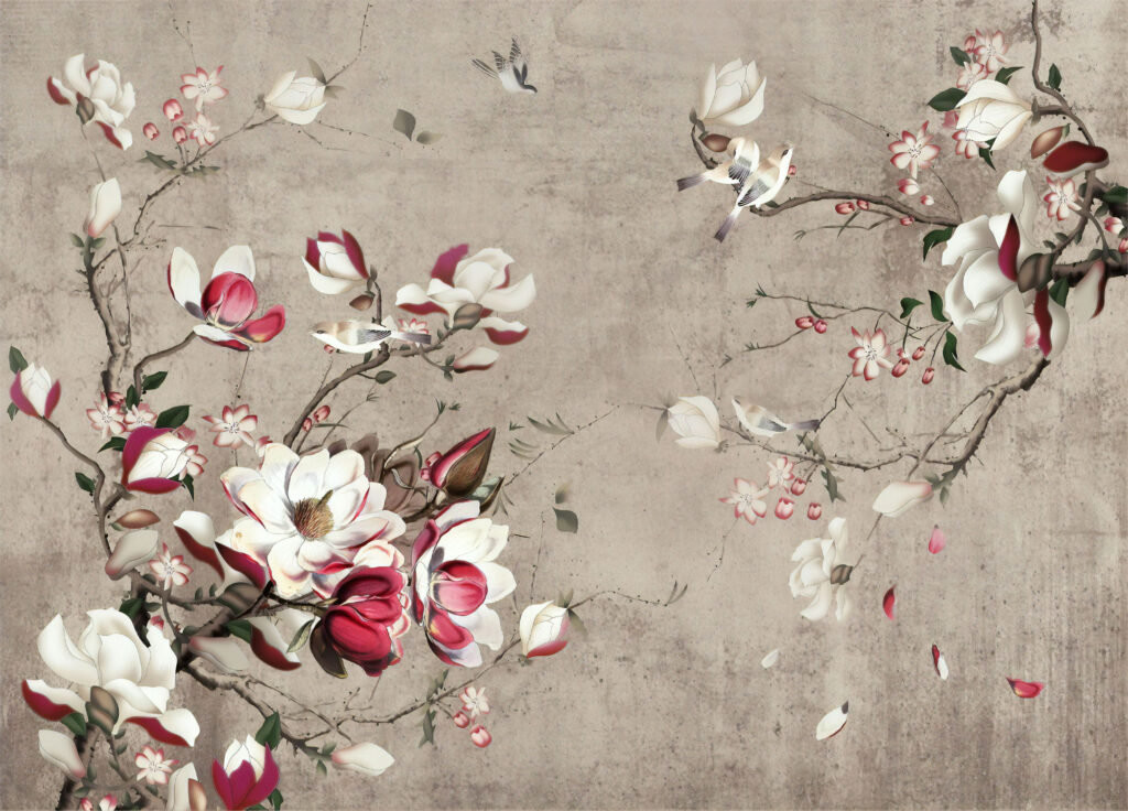 Magnolia Branch Wallpaper : Pink and White Blossom on Taupe Mural - flat design