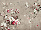 Magnolia Branch Wallpaper : Pink and White Blossom on Taupe Mural - flat design