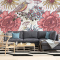 Folk Floral Wallpaper : Pink Flowers and Birds Pattern