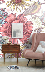 Folk Floral Wallpaper : Pink Flowers and Birds Pattern - View 5