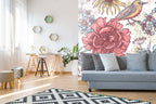 Folk Floral Wallpaper : Pink Flowers and Birds Pattern - View 4