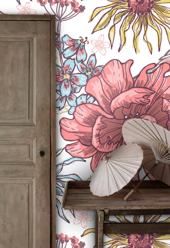 Folk Floral Wallpaper : Pink Flowers and Birds Pattern - View 3