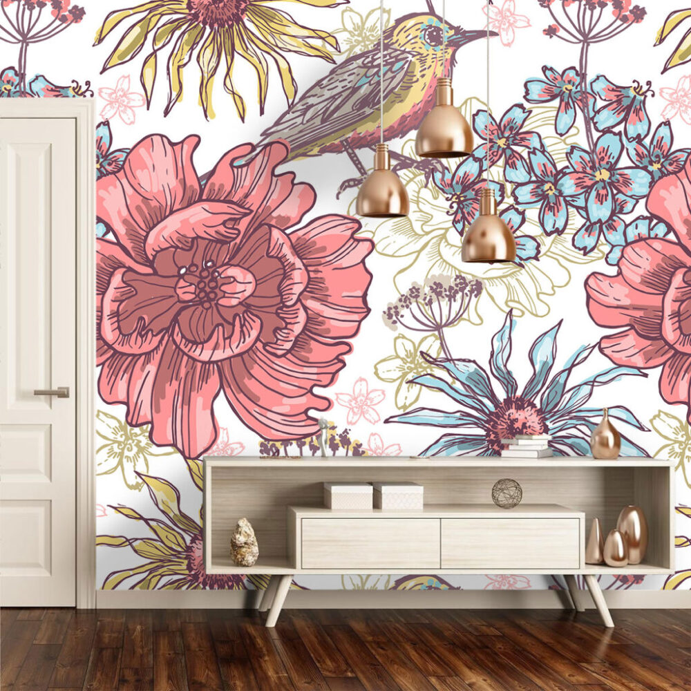 Folk Floral Wallpaper : Pink Flowers and Birds Pattern - View 2