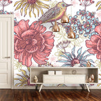 Folk Floral Wallpaper : Pink Flowers and Birds Pattern - View 2