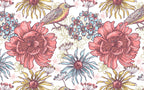 Folk Floral Wallpaper : Pink Flowers and Birds Pattern - flat design