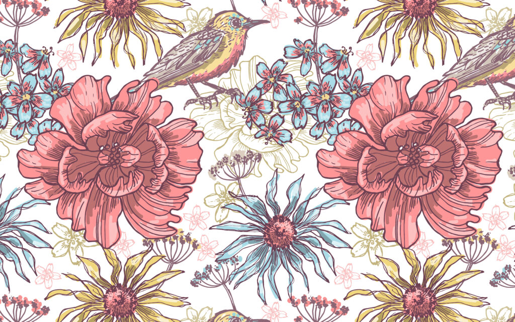 Folk Floral Wallpaper : Pink Flowers and Birds Pattern - flat design