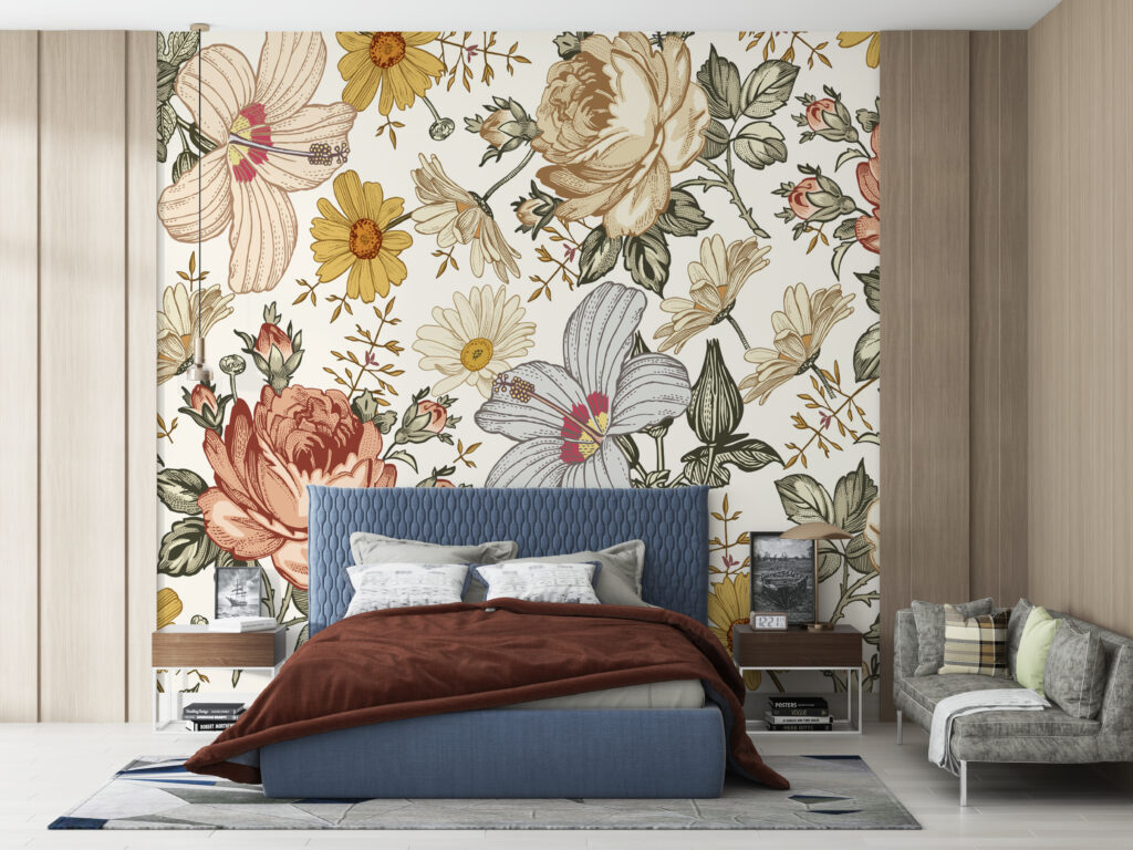 Vintage Botanical Wallpaper : Engraved Flower Pattern - View 3