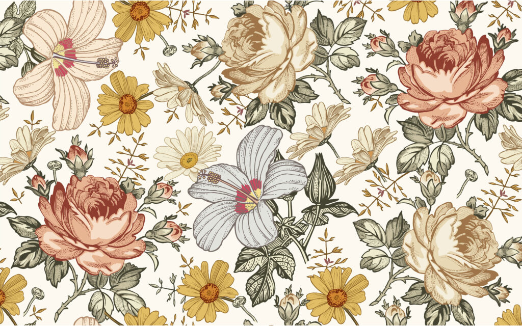 Vintage Botanical Wallpaper : Engraved Flower Pattern - flat design