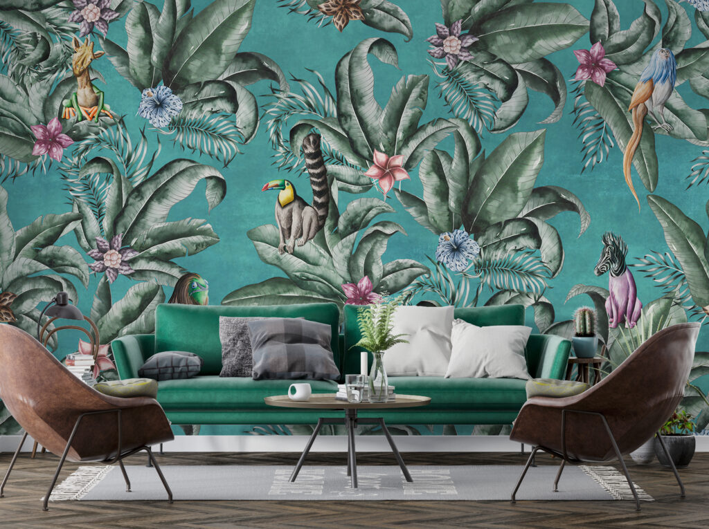 Teal Jungle Wallpaper : Lemurs And Toucans Mural