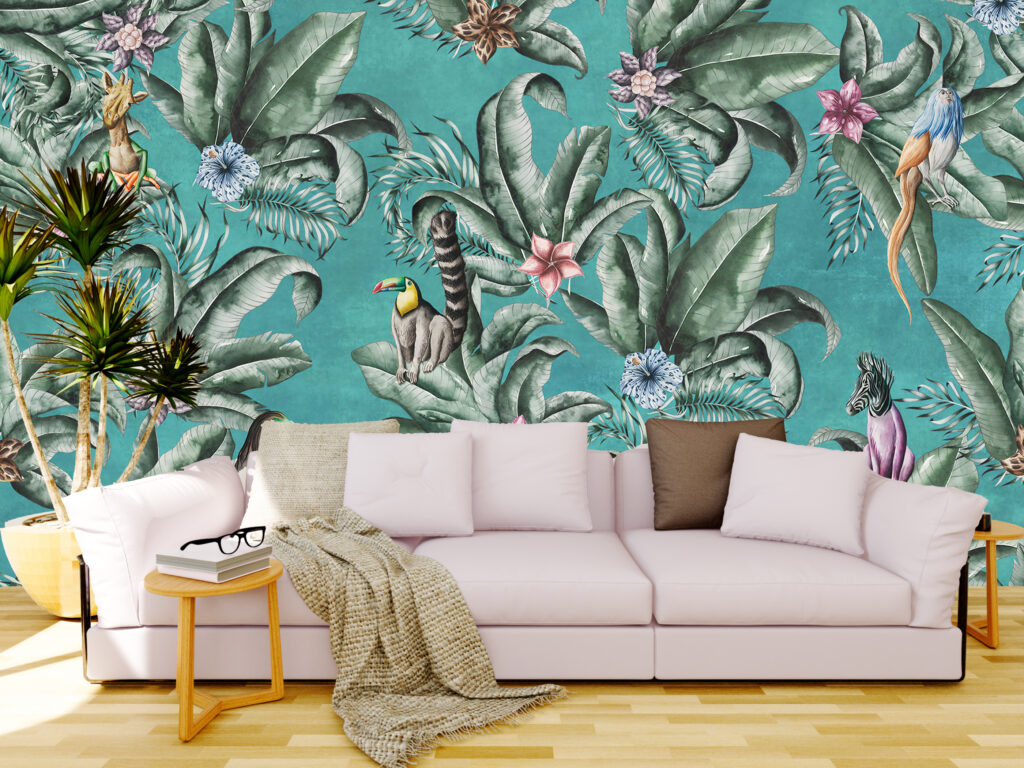 Teal Jungle Wallpaper : Lemurs And Toucans Mural - View 3