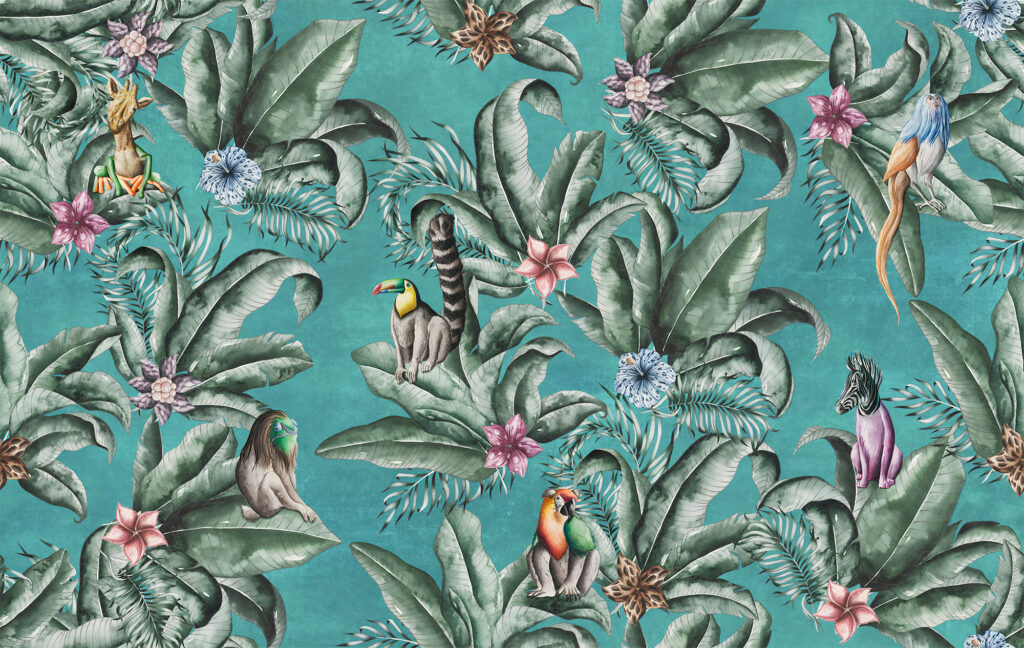 Teal Jungle Wallpaper : Lemurs And Toucans Mural - View 2