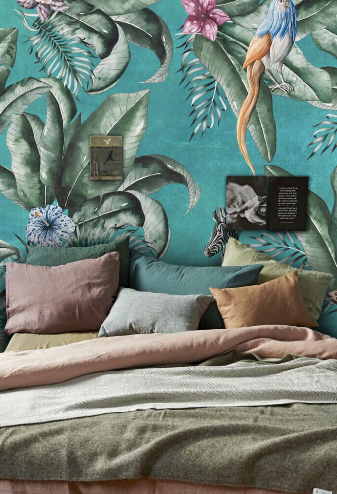 Teal Jungle Wallpaper : Lemurs And Toucans Mural - View 4