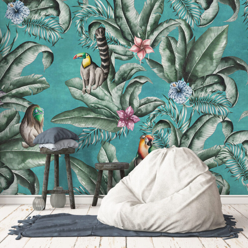 Teal Jungle Wallpaper : Lemurs And Toucans Mural - View 6