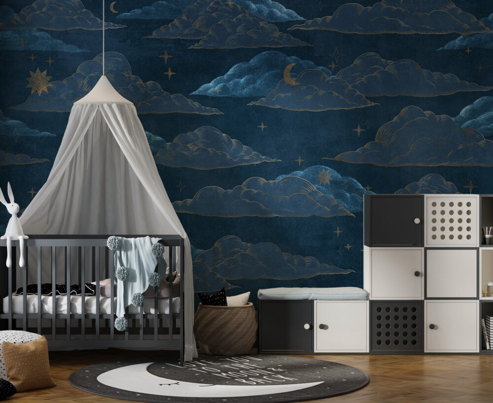 Navy Cloud Wallpaper : Gold Moon and Stars Pattern - View 4