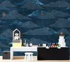 Navy Cloud Wallpaper : Gold Moon and Stars Pattern