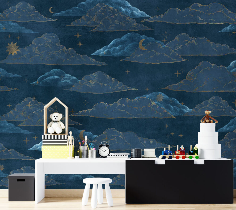 Navy Cloud Wallpaper : Gold Moon and Stars Pattern - View 2