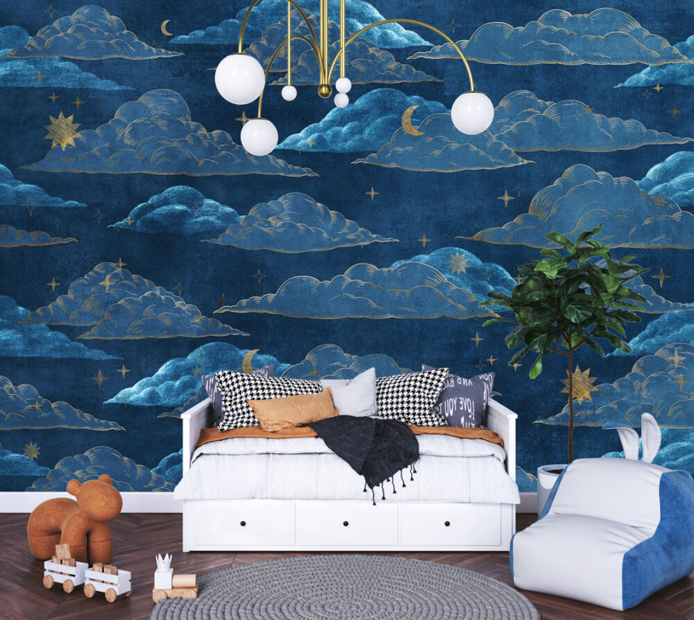 Navy Cloud Wallpaper : Gold Moon and Stars Pattern - View 3