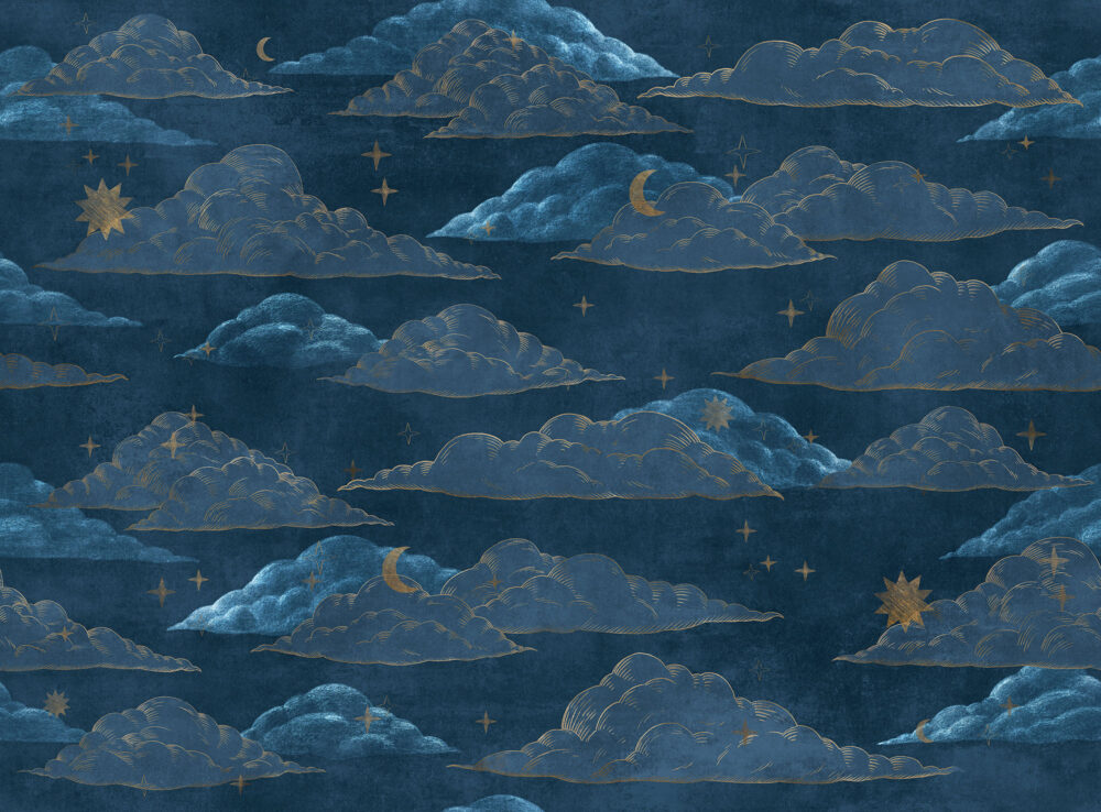 Navy Cloud Wallpaper : Gold Moon and Stars Pattern - flat design