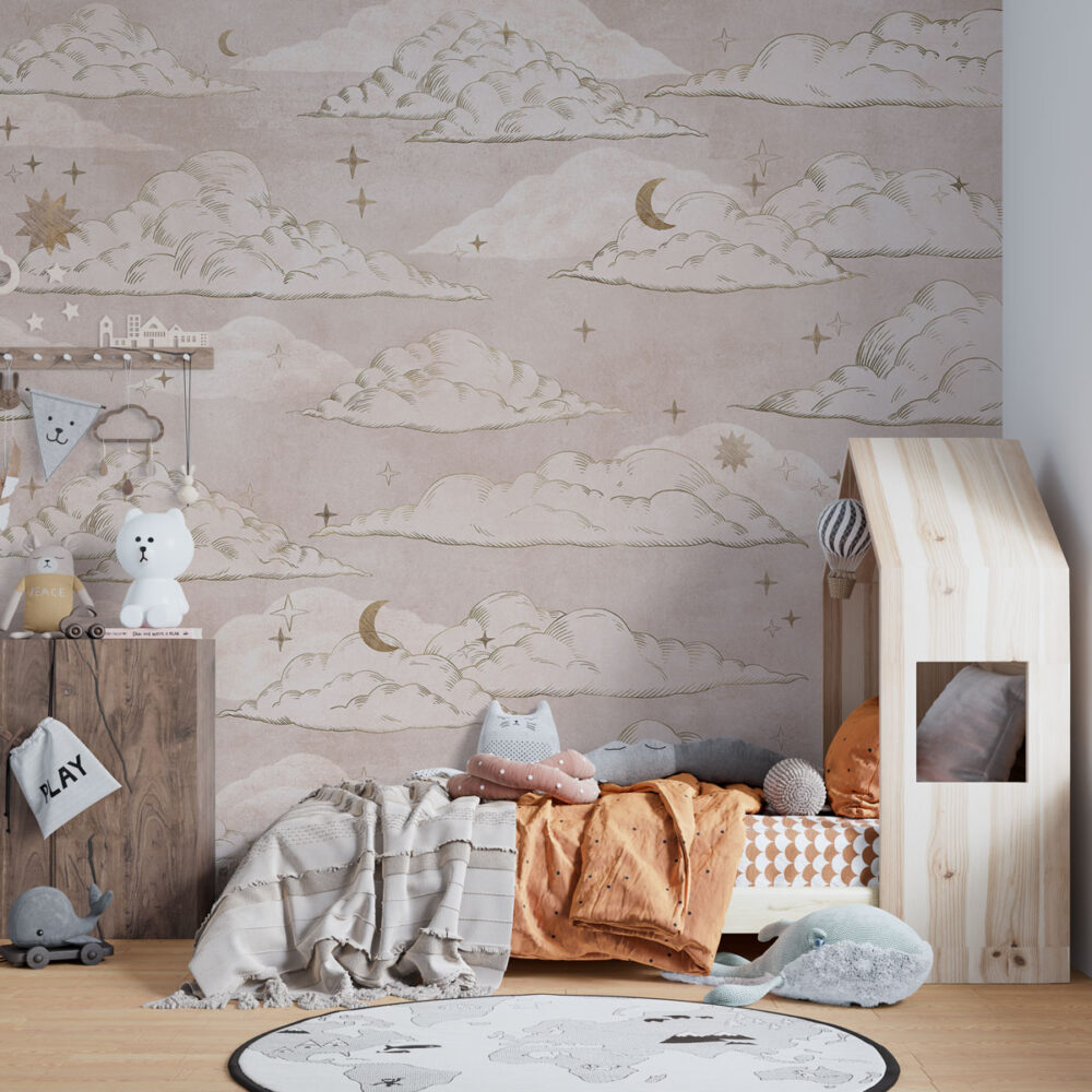 Blush Cloud Wallpaper : Moon and Stars Nursery Pattern - View 3
