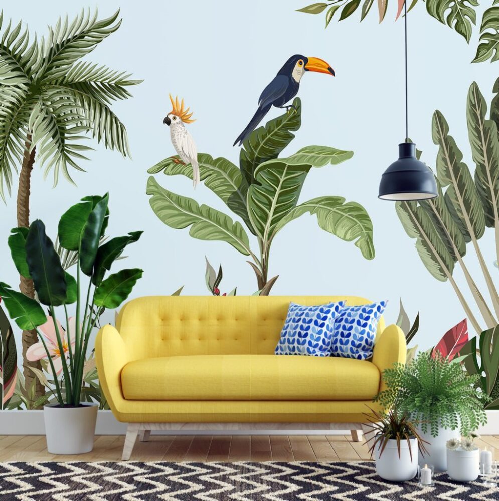 Toucan Tropical Wallpaper : Palm and Banana Leaf Mural