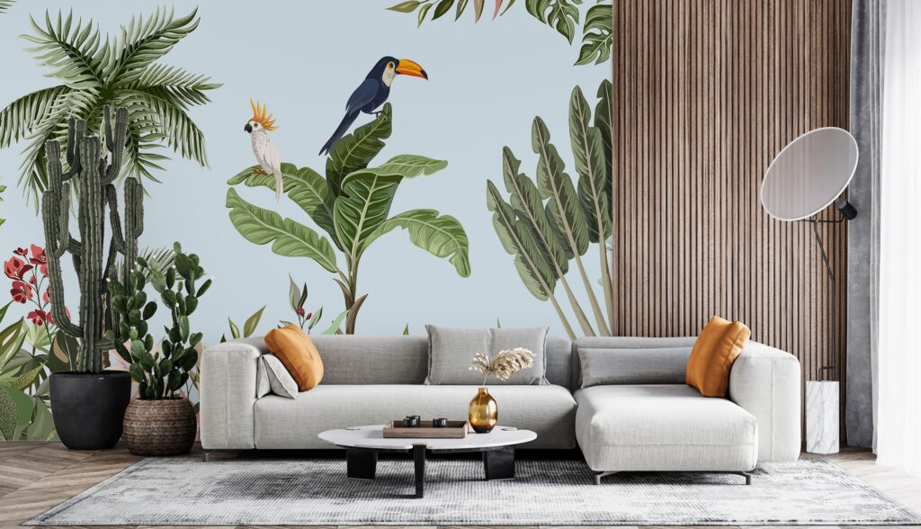 Toucan Tropical Wallpaper : Palm and Banana Leaf Mural - View 2
