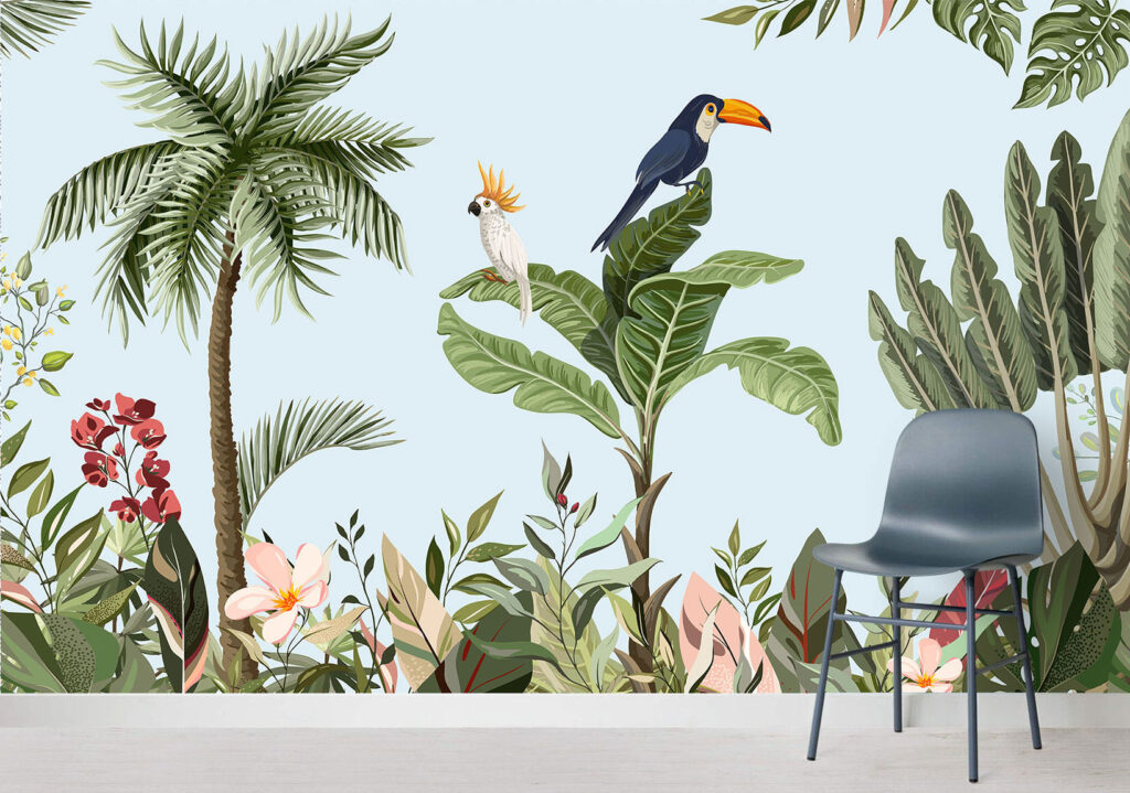 Toucan Tropical Wallpaper : Palm and Banana Leaf Mural - View 4