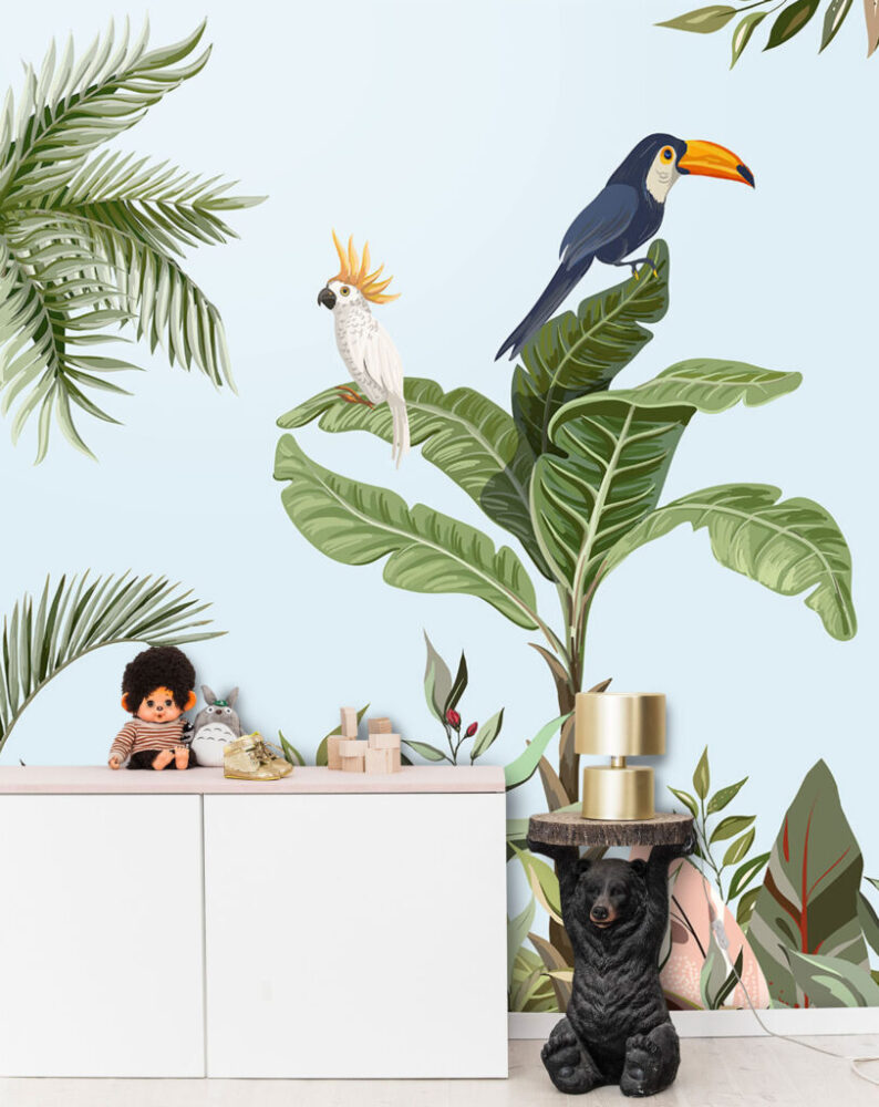 Toucan Tropical Wallpaper : Palm and Banana Leaf Mural - View 3