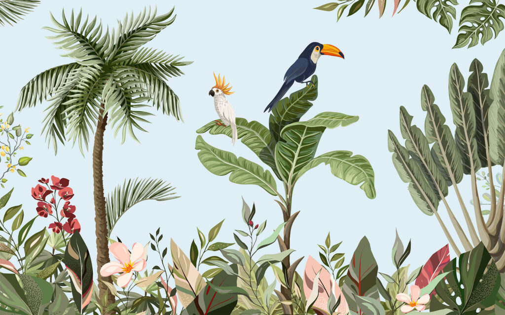 Toucan Tropical Wallpaper : Palm and Banana Leaf Mural - flat design