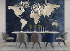 Navy World Map Wallpaper : Gold Continents Mural