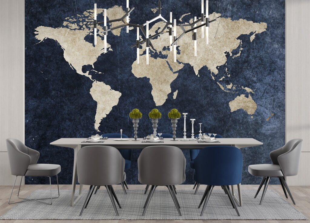 Navy World Map Wallpaper : Gold Continents Mural