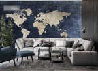 Navy World Map Wallpaper : Gold Continents Mural - View 2