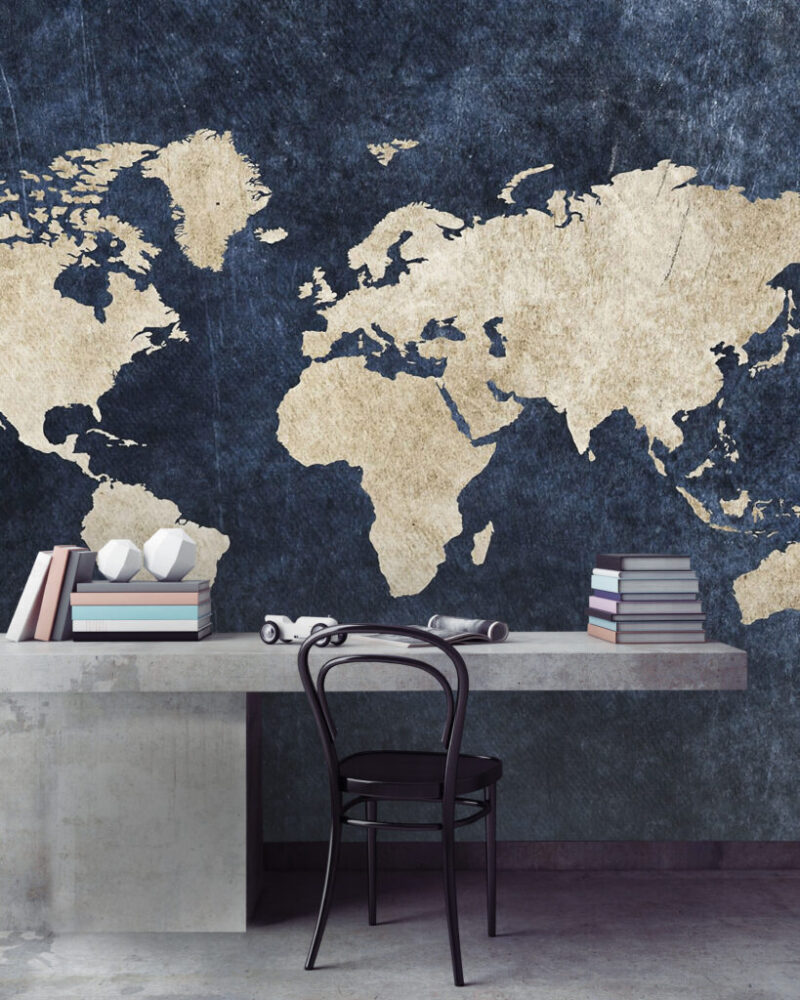 Navy World Map Wallpaper : Gold Continents Mural - View 5