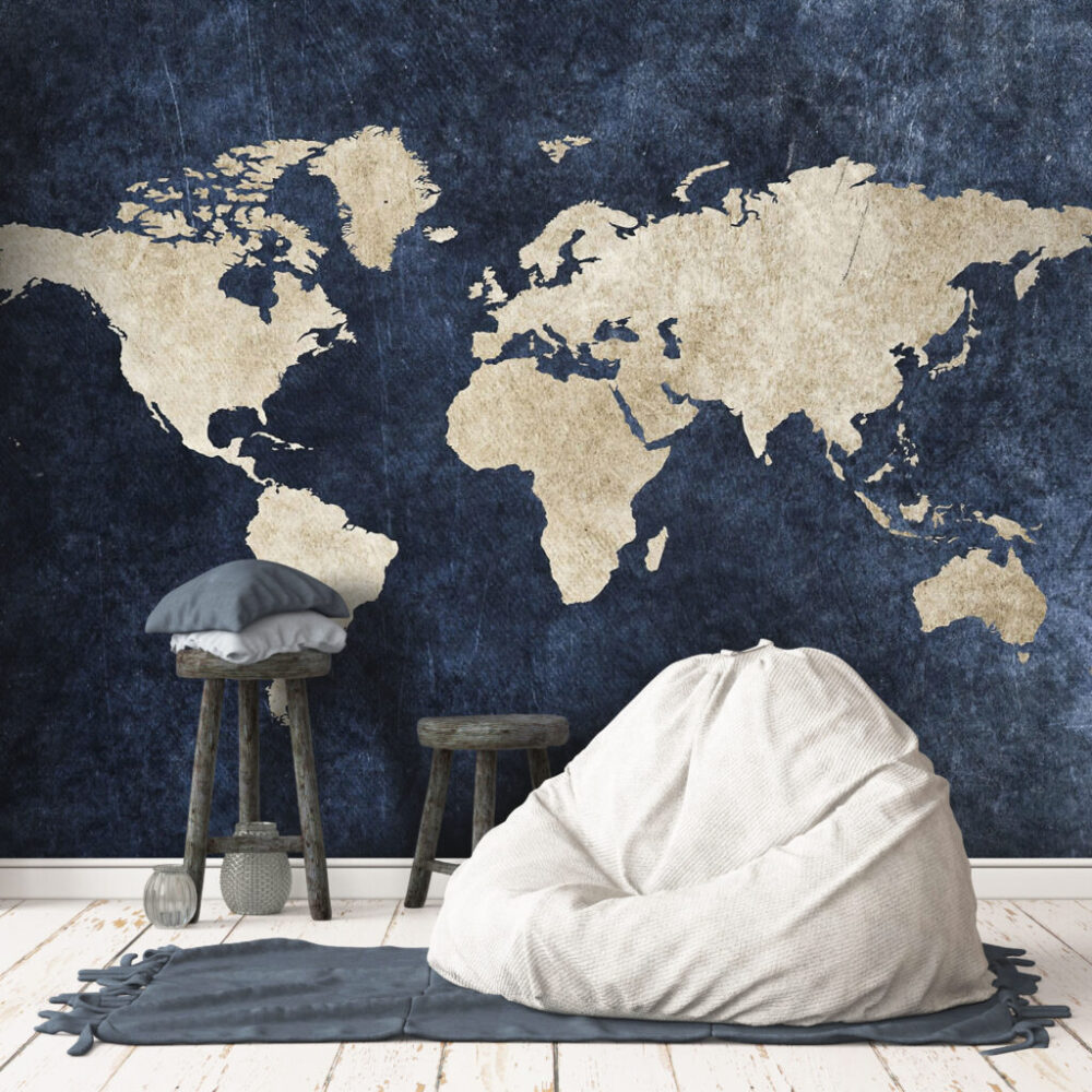 Navy World Map Wallpaper : Gold Continents Mural - View 3