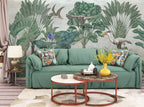 Sage Tropical Tree Wallpaper : Leopard And Birds Mural
