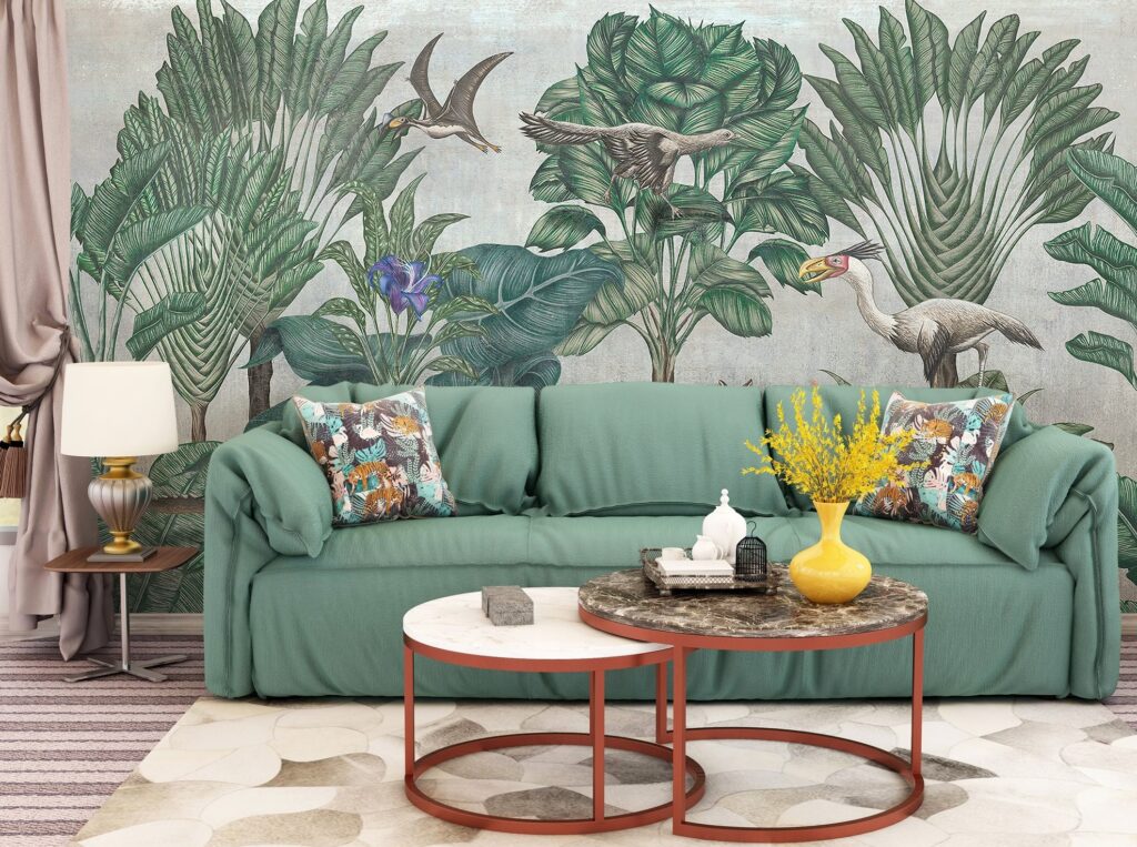 Sage Tropical Tree Wallpaper : Leopard And Birds Mural