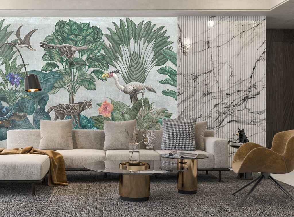 Sage Tropical Tree Wallpaper : Leopard And Birds Mural - View 5