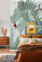 Sage Tropical Tree Wallpaper : Leopard And Birds Mural - View 4
