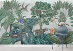 Sage Tropical Tree Wallpaper : Leopard And Birds Mural - View 6
