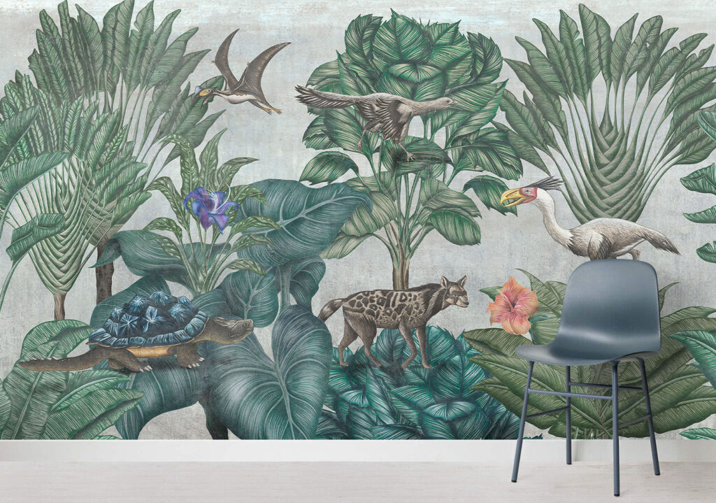 Sage Tropical Tree Wallpaper : Leopard And Birds Mural - View 6