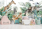 Watercolor Safari Wallpaper : Giraffe Elephant and Lion Cub Mural - View 2