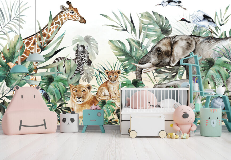 Watercolor Safari Wallpaper : Giraffe Elephant and Lion Cub Mural - View 2