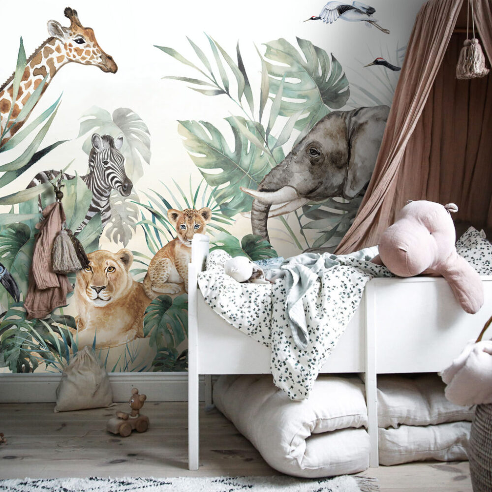 Watercolor Safari Wallpaper : Giraffe Elephant and Lion Cub Mural - View 5