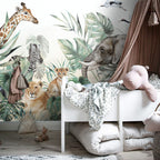 Watercolor Safari Wallpaper : Giraffe Elephant and Lion Cub Mural - View 5