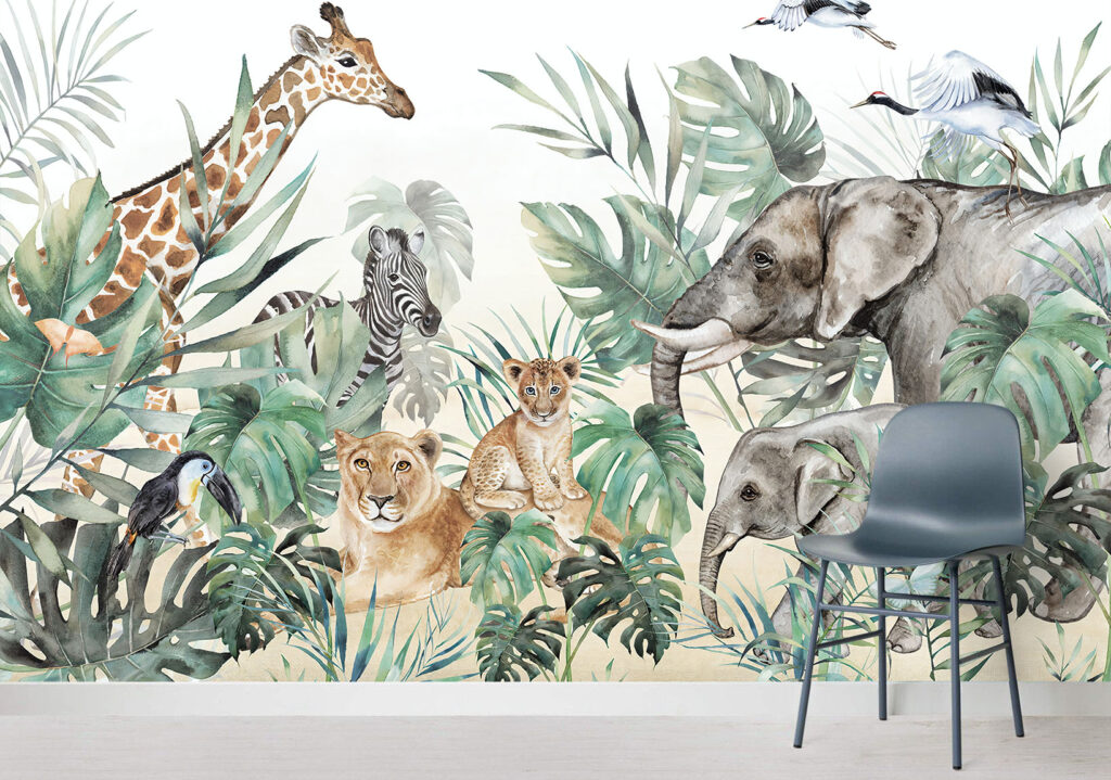 Watercolor Safari Wallpaper : Giraffe Elephant and Lion Cub Mural - View 4